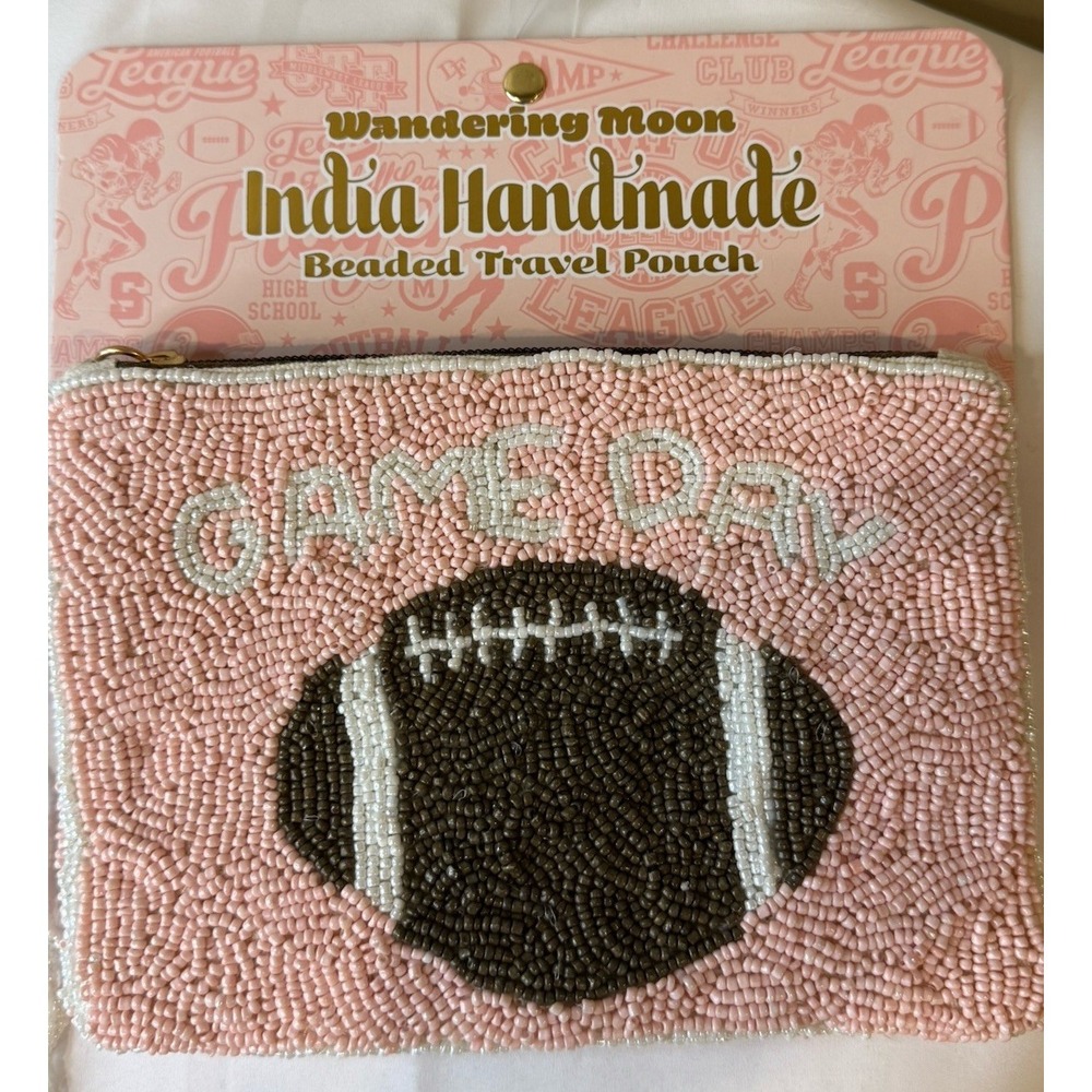 NWT Wandering Moon India Handmade Game Day Pink Football Pouch with‎ Tassel